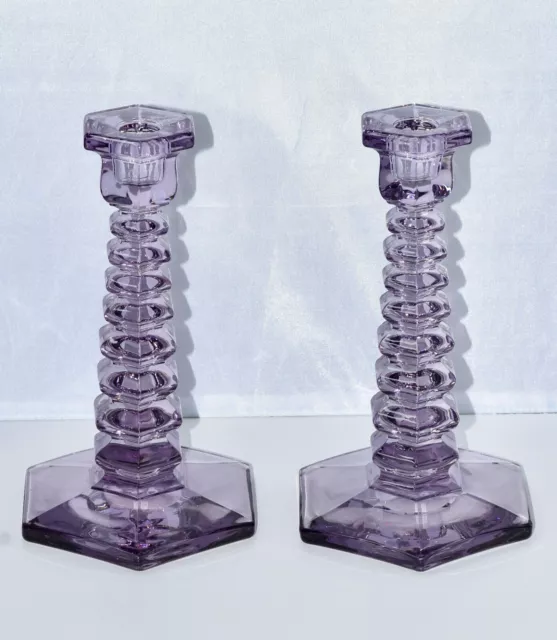 MCM Lavender Stacked Art Glass Candle Stick Holders - Set