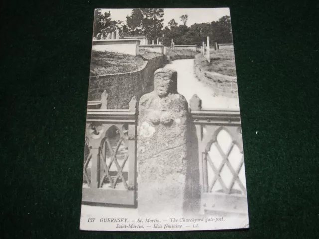 Vintage Postcard Guernsey St Martin Churchyard Gate Post Stone Carving By Ll