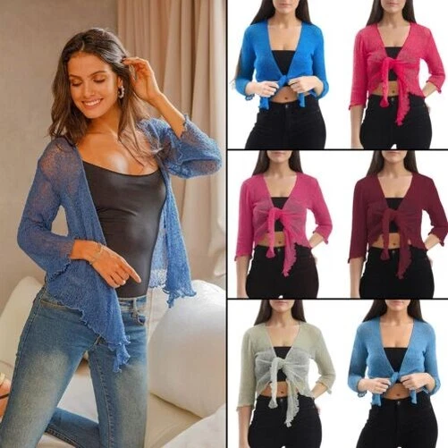 Donna Legare Aperto Davanti Coprispalle Maglia Corto Bolero Cardigan Top