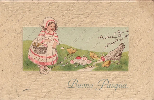 Buona Pasqua Bambina con pulcini che raccoglie le uova Cartolina in rilievo