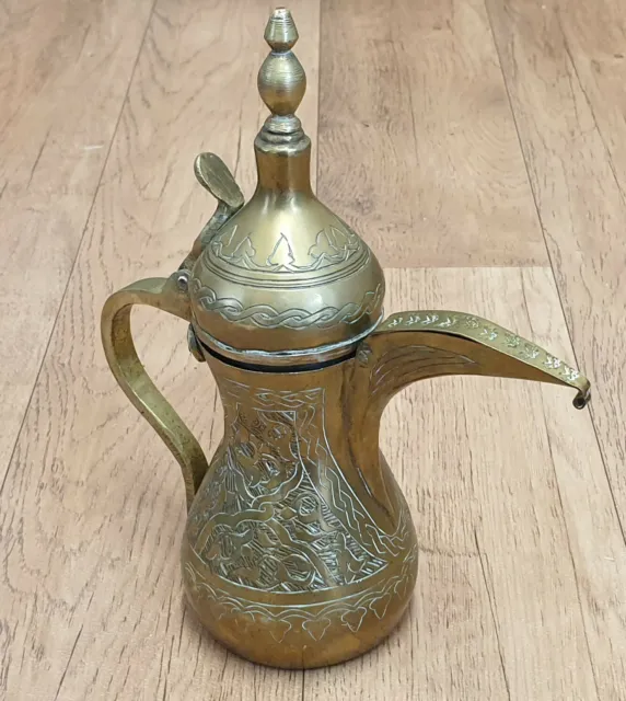 Vintage Arabic Dallah Middle Eastern Brass Etched Coffee Pot Set Cups
