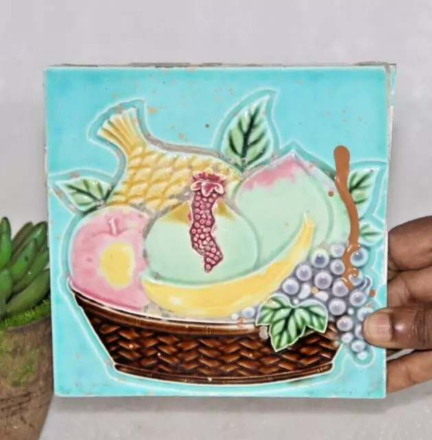 1920s Vintage Fruit Basket Embossed Unused  Dk Tm Architecture Tile Japan