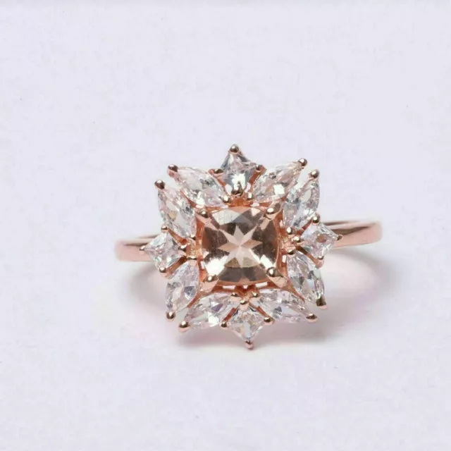 3Ct Cushion Cut Morganite & Diamond Engagement Ring 14K White Gold Finish