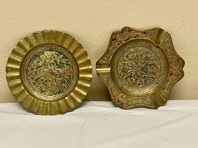 Vintage 2 SMALL BRASS FLORAL DESIGN Plates/dishes/Ashtray - Stamped INDIA