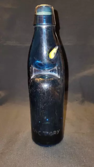 Vintage Old Blue Glass Soda Bottle Victory Kg 534675 & Marble Inside Collectible 2