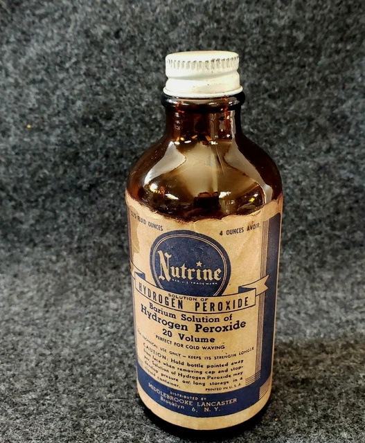 Nutrine Old Bottle PEROXIDE OF HYDROGEN Dk Amber w/label cap USA Vintage