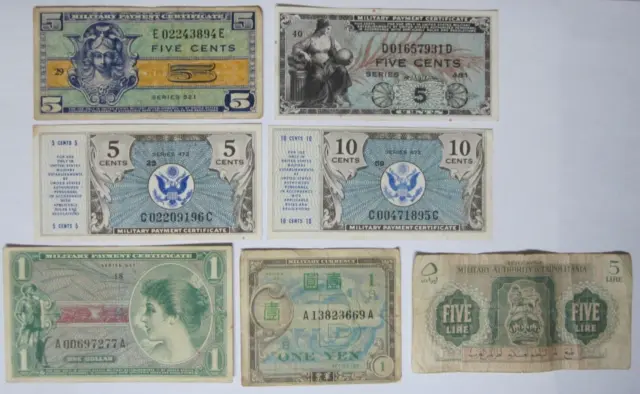 (Lot of 7) Various US and Foreign Vintage Military Payment Certificates