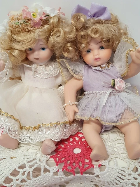 Lot Of Vintage Miniature Curly Hair Porcelain Bisque Baby Dolls Angel Jointed