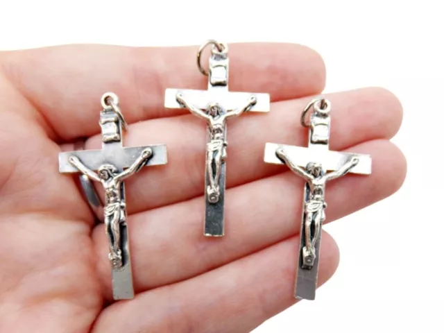 Lot of 3 Silver Tone Classic Crucifix Medal Pendants for Rosaries 1.5 Inch