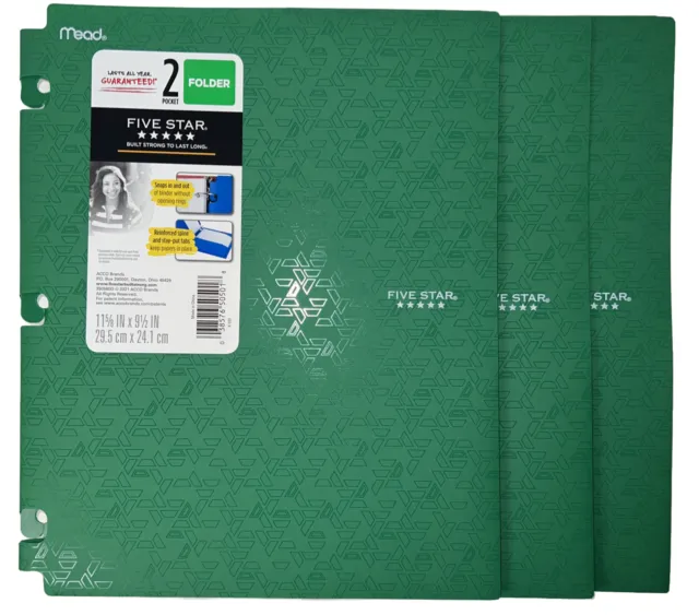Lot of 3 Green Mead Five Star Poly 2-Pocket Snap-In Folders