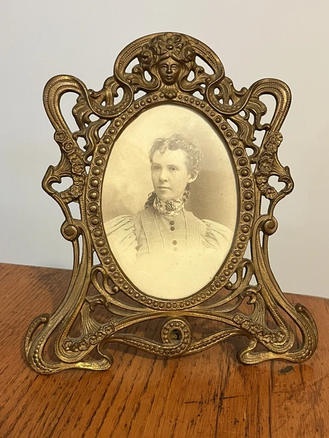 Vtg Antique Art Deco Gold Brass Color Ornate Victorian Girl Picture Frame Easel