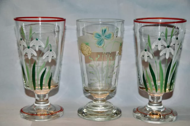 3 Antike Teegläser Glas Mit Email Malerei Blumen Schneeglöckchen Teeglas