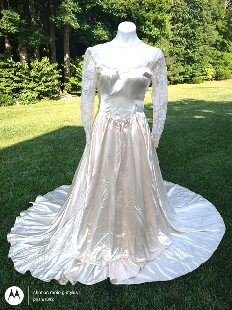 VTG 1930s-40s Heavy Liquid Slipper Satin Wedding Dress Gown Long Train Illusion