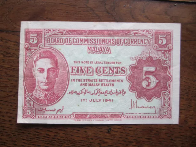 Malaya 5 Cents Note 1941