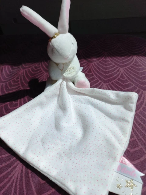 peluche doudou LAPIN blanc  mouchoir POUDRE D'ETOILE DOUDOU ET COMPAGNIE