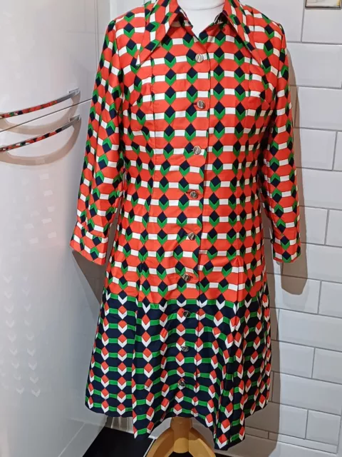 Vintage 70s Dress,Geometric,  Pointy Collar ,Red Green,  Sleeves,original, Retro