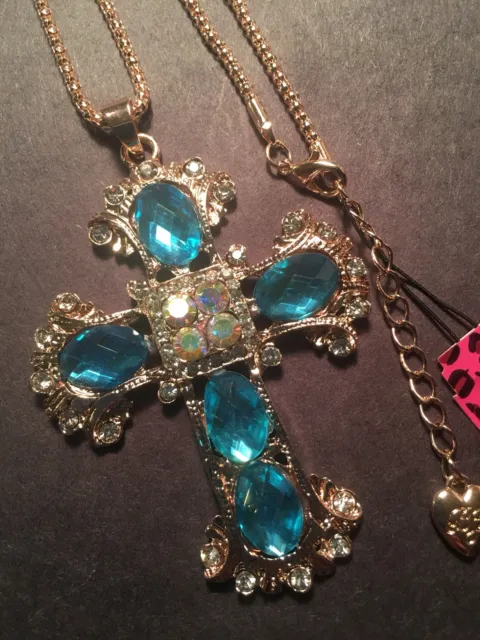 Blue Cross Glass Crystal Pendant Betsey Johnson GOLD Necklace-BJ10092