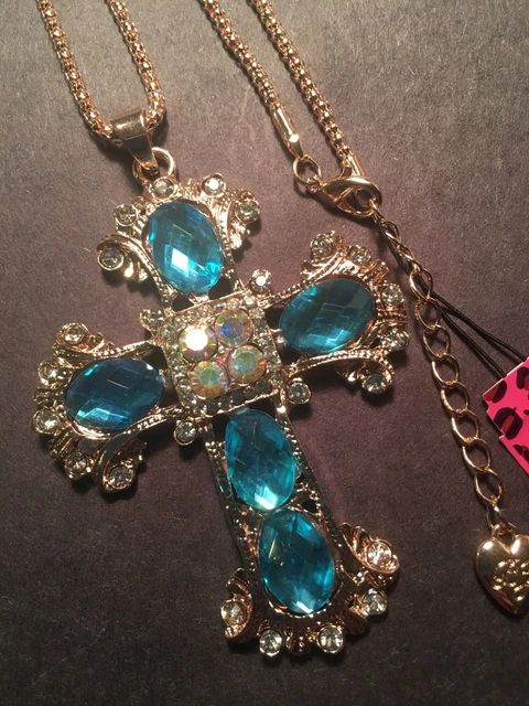 Blue Cross Glass Crystal Pendant Betsey Johnson GOLD Necklace-BJ10092