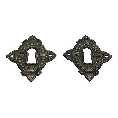 1 Pair Antique Cast Iron Keyhole Lock Covers Escutcheons Ornate Victorian 2