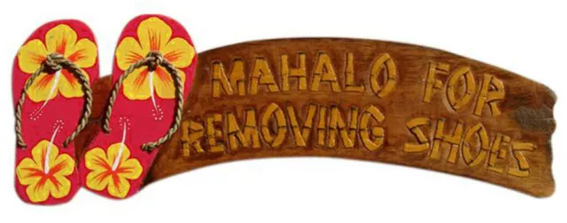 20" Carved 3D Painted Wood Sign Plaque Mahalo For Removing Shoes Red Flip Flops