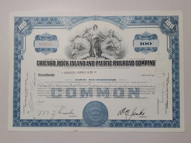 Chicago, Rock Island and Pacific Railroad Cancelled Stock Certificate
