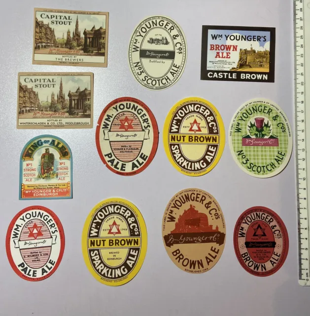 12 Old William Younger Edinburgh Brewery Beer Labels Inc Mixed Bottlers Lot 5