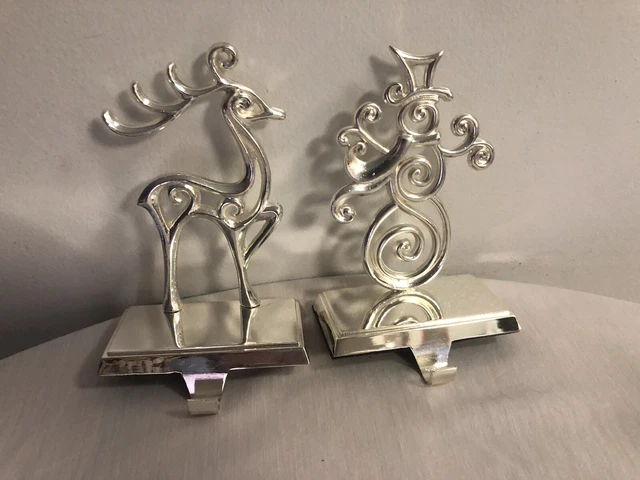 Silver Tone Metal Reindeer & Snowman Christmas Stocking Holders Hanger Set Of 2