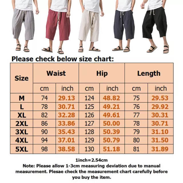 Mens Summer Linen Drawstring Shorts 3/4 Casual Breathable Baggy Pants Trousers 2