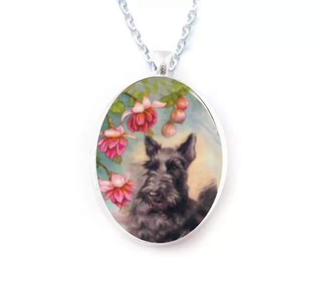 Scottie Terrier dog Flower porcelain cameo Pendant Necklace Handmade Jewelry NEW