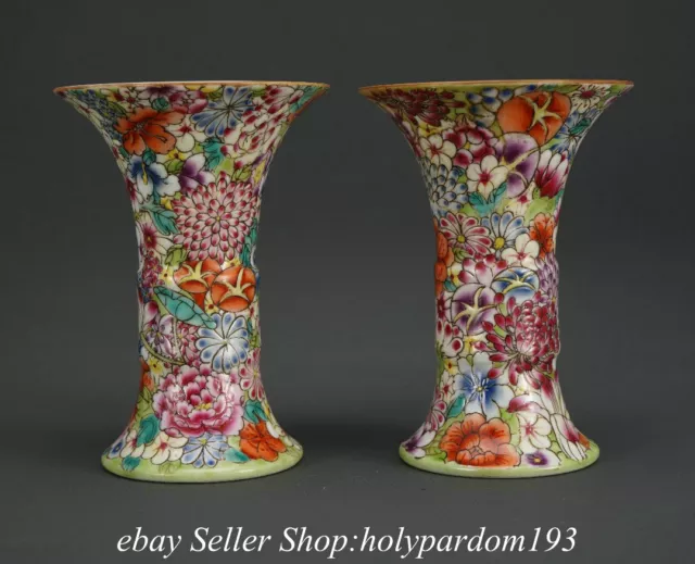 4" Qianlong Marked Chinese Famille rose Porcelain Flower Gu Bottle Vase Pair