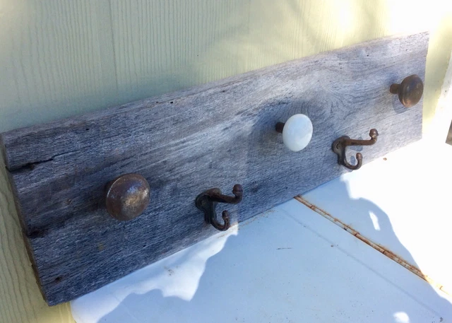 Vintage Barnwood Antique Door Knob Coat Hat Towel Rack With Cast Iron Hooks
