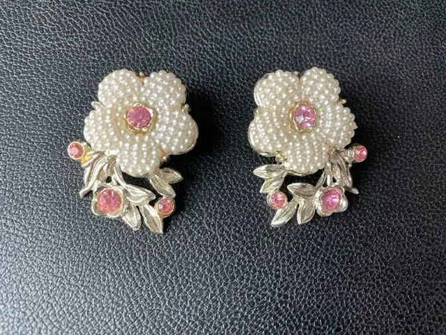 Vintage Grandmother's Estate Faux Pearl Pink Rhinestone Floral Clip Earrings