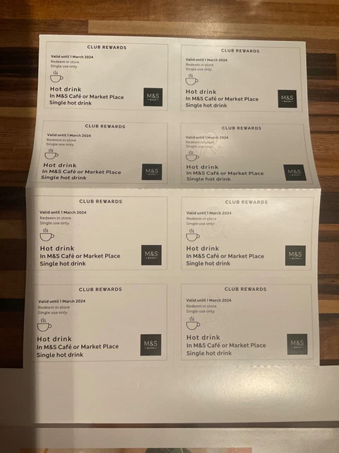 M&S Hot Drinks Vouchers or Iced Coffee Vouchers x 8 Valid Until 1 March 2024