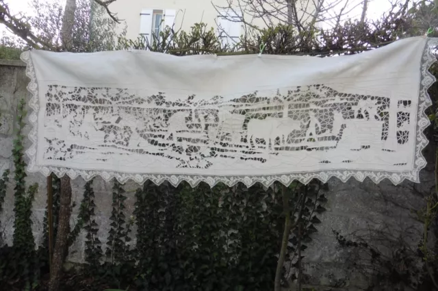 Textile ancien Broderie XIXe rideau panneau antique lace embroidery 144x45cm