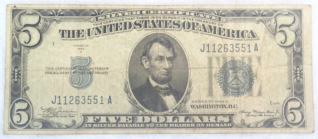 1934 $5.00 Silver Certificate Series of 1934 A [J11263551A] Misprint.