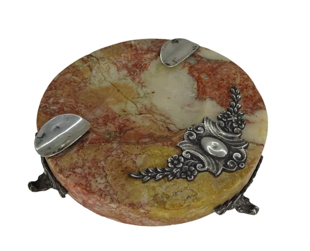 Antique Ashtray Pink Stone With Applications Of Sterling Silver Around 1920S