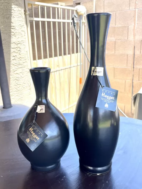 Rare Vintage Mid Century Modern Matte Black Royal Haeger Pottery Round Vases Set