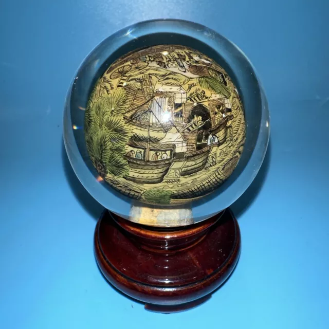 Vintage Asian Chinese Hand Painted Village Inside Reverse Art Glass Globe