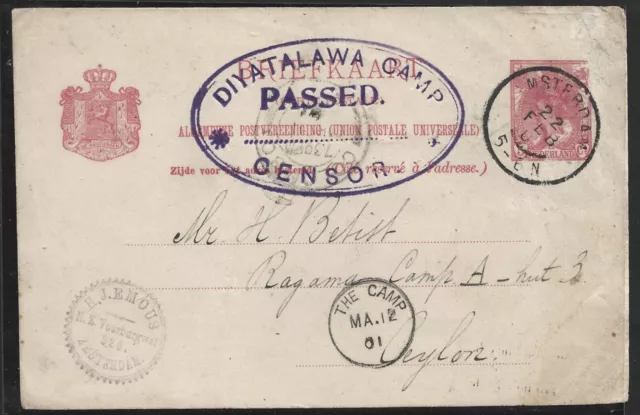 Ceylon 1901 Front Only. Diyatalawa Camp Censor. Amsterdam Postmark