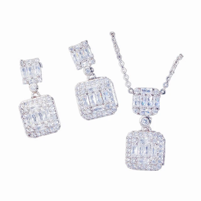 Small Square Dangle Earrings Pendant Necklace Set Silver Plated Zirconia Jewelry