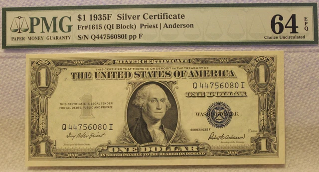 $1 1935-F Silver Certificate Note Pmg 64 Epq  Blue Seal