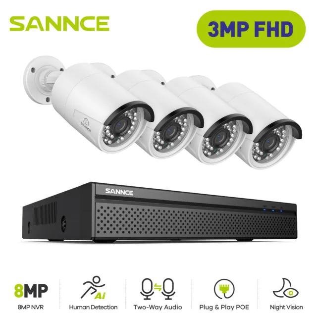 SANNCE 8CH 4K NVR 3MP PoE Security Camera System IP Network Outdoor 2 Way Audio