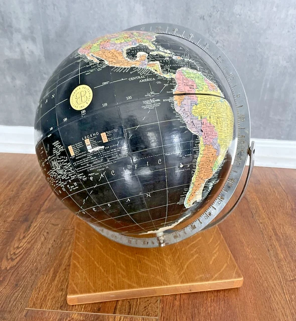 Vintage Replogle Globemaster 12 inch Globe Dark Blue/Black with Wood Felt Base