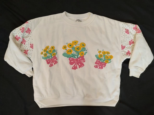 80's Vintage Dashers Padded Sweatshirt Super Fluffy Floral & Bows Pattern Sz L
