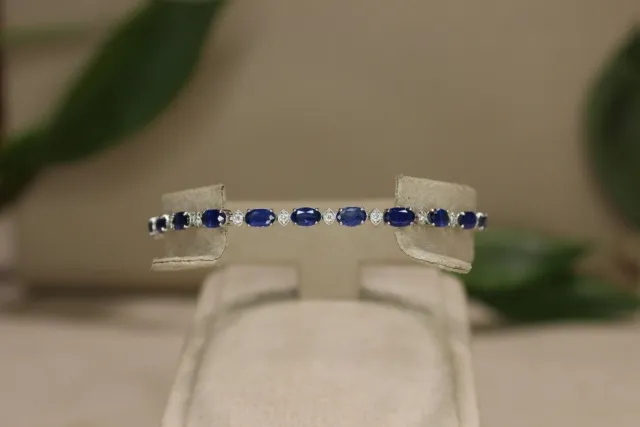 3.6Ct Oval Cut Natural Blue Sapphire & Diamond Tennis Bracelet In 14K White Gold