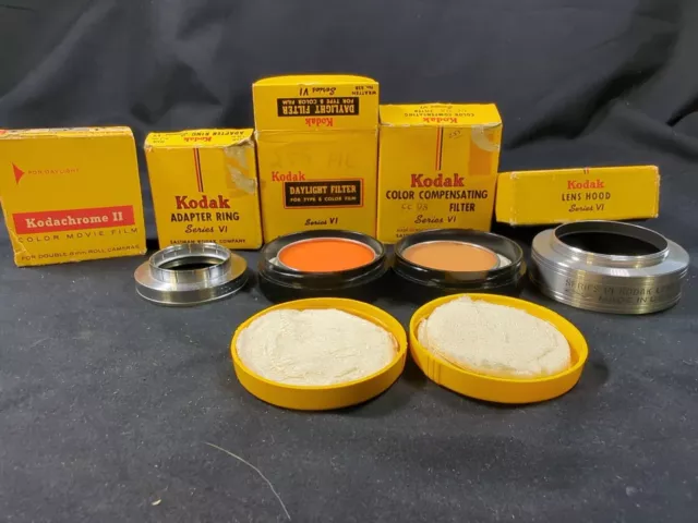 Lot 5 Kodak Series VI Lens, Hood, adapter ring, filters, Kodachrome II film 8mm