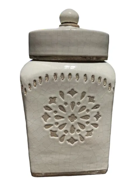 Craze Pattern Neutral Color Ginger Jar Urn Over 9” Beige Western Modern Aztec