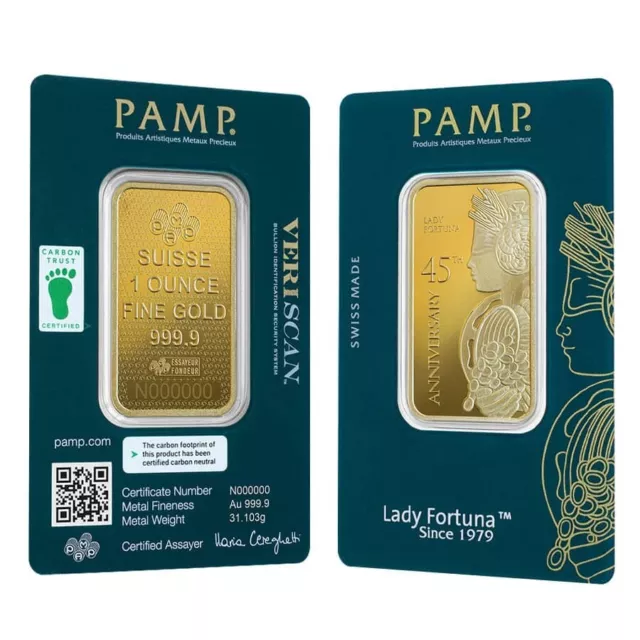 1 oz Gold Bar PAMP Suisse Lady Fortuna 45th Ann (In Assay)