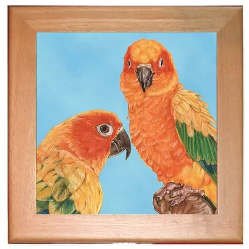Sun Conure Parrot Kitchen Ceramic Trivet Framed in Pine 8" x 8"