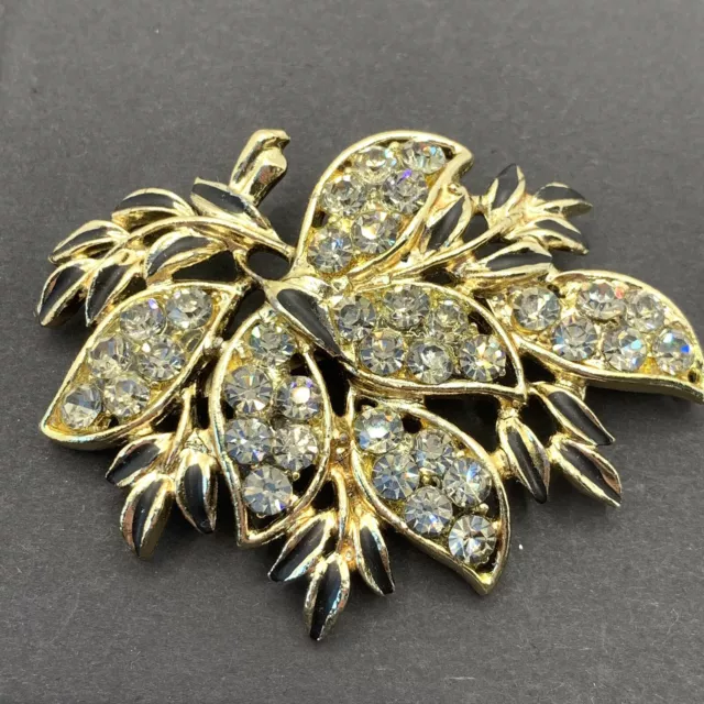 Large Vintage Brooch Gold Tone Black Enamel Grey Rhinestone Diamante Leaf